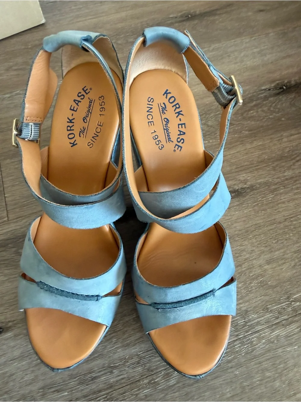 Kork-Ease Steel Blue Suede Platform Wedge Sandals NIB